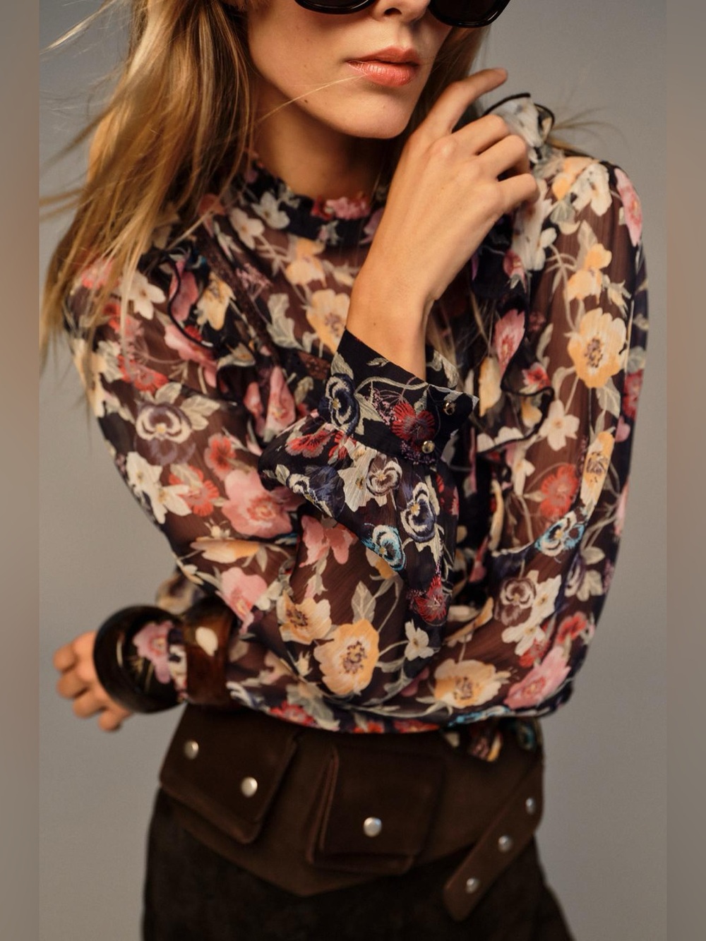 Zara Blouse Floral Print Lace Ruffles Translucent Stand-Up Collar Long Sleeves